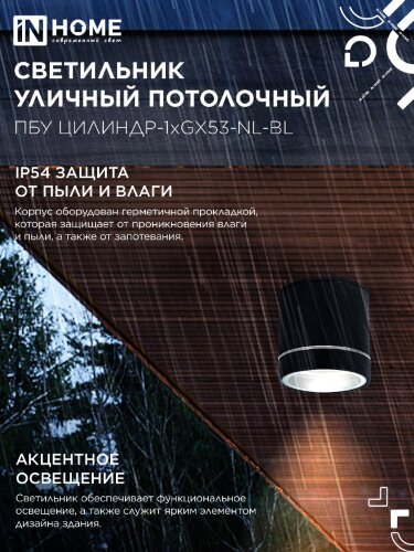 Светильник уличный потолочный ПБУ ЦИЛИНДР-1xGX53-NL-BL с подсветкой алюминиевый черный IP54 IN HOME - Фото 4
