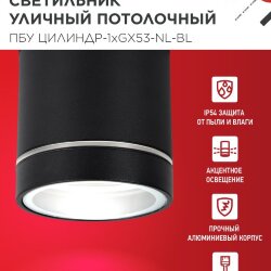 Светильник уличный потолочный ПБУ ЦИЛИНДР-1xGX53-NL-BL с подсветкой алюминиевый черный IP54 IN HOME