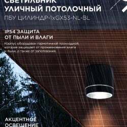 Светильник уличный потолочный ПБУ ЦИЛИНДР-1xGX53-NL-BL с подсветкой алюминиевый черный IP54 IN HOME