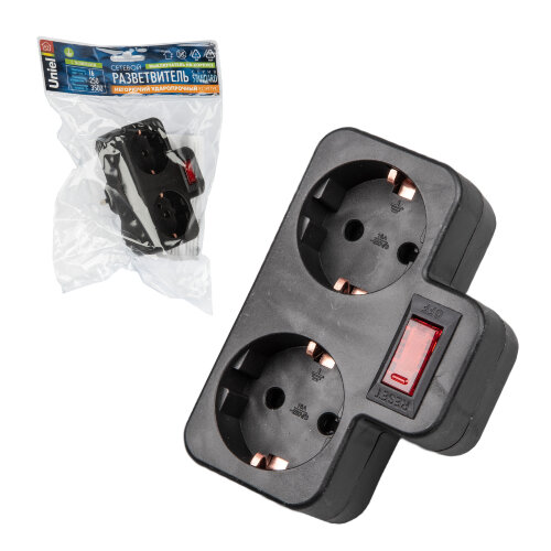 S-GES2-16PB BLACK Разветвитель сетевой с выключателем, с/з. 2 гнезда. 16А, 3500Вт. Черный. ТМ Uniel - фото