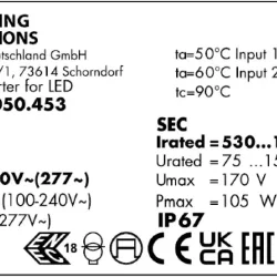 Драйвер влагозащищённый для светодиодов 105W/530-1050мА 65-157V IP67 | потенциометр | ECXe 1050.453 | - Vossloh-Schwabe