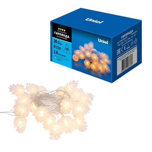ULD-S0280-020/DTA WARM WHITE IP20 PINE CONES Гирлянда светодиодная «Шишки» , 20 светодиодов, 2,8 м, теплый белый, IP20, провод прозрачный. - фото