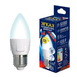 LED-C37 7W-4000K-E27-FR-DIM PLP01WH Лампа светодиодная, диммируемая, Форма свеча, матовая, Серия Яркая, Белый свет 4000K.