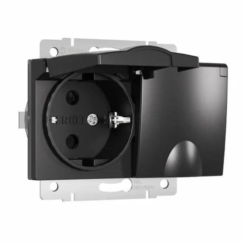 Розетка двойная влагозащ. с зазем. с защит. крышками и шторками (черный матовый) W1172208 - фото