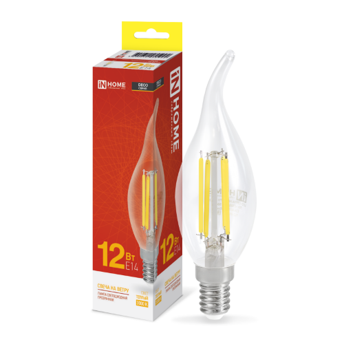 Лампа светодиодная LED-СВЕЧА НА ВЕТРУ-deco 12Вт 230В Е14 3000К 1350Лм прозрачная IN HOME - Фото
