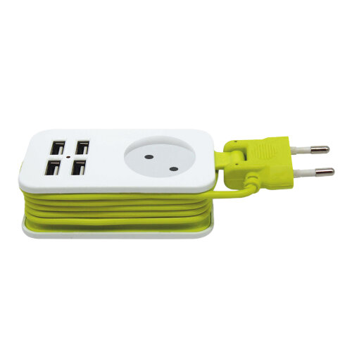 S-CT1-1.5U WHITE-GREEN Удлинитель серии Travel, шнур 1.5м., 1 гнездо, 10A, б-з, 4USB2.1A, Белый с салатовым - фото 1