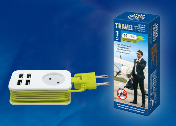 S-CT1-1,5U WHITE/GREEN Удлинитель серии Travel, шнур 1,5м., 1 гнездо, 10A, б/з, 4USB(2,1A) Белый с салатовым. ТМ Uniel - фото