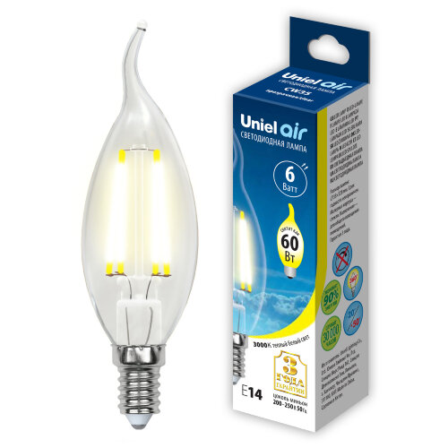 LED-CW35-6W-WW-E14-CL GLA01TR Лампа светодиодная, Форма свеча на ветру, прозрачная, Серия Air, Теплый белый свет 3000K - фото 3