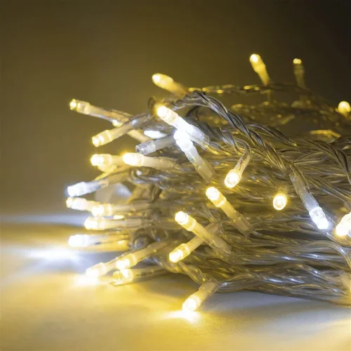Гирлянда Нить 10м Тепло-Белая с Мерцанием Белого Диода 220В, 100 LED, Провод Прозрачный ПВХ, IP54. Фото 3.