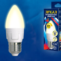 LED-C37 7W-3000K-E27-FR-DIM PLP01WH Лампа светодиодная, диммируемая, Форма свеча, матовая, Серия Яркая, Теплый белый свет 3000K.
