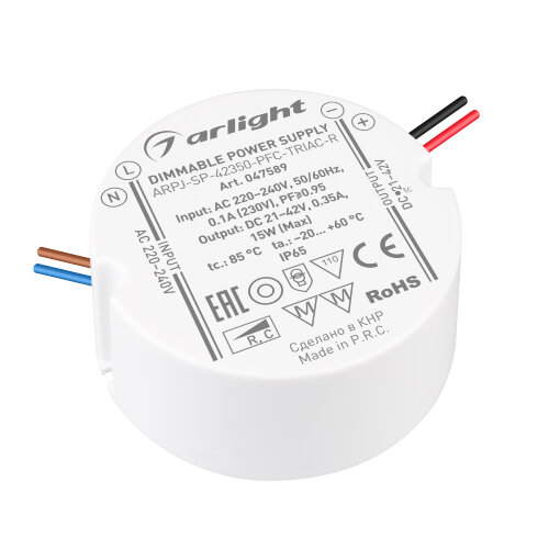 Блок питания ARPJ-SP-42350-PFC-TRIAC-R (15W, 21-42V, 350mA) (Arlight, IP65 Пластик, 5 лет) 047589 - фото