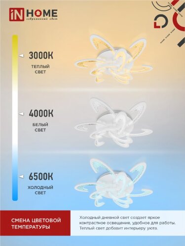 Светильник светодиодный ELEGANT ORBIT 120Вт 230В 3000-6500K 925х810х120мм c пультом ДУ белый IN HOME - Фото 5